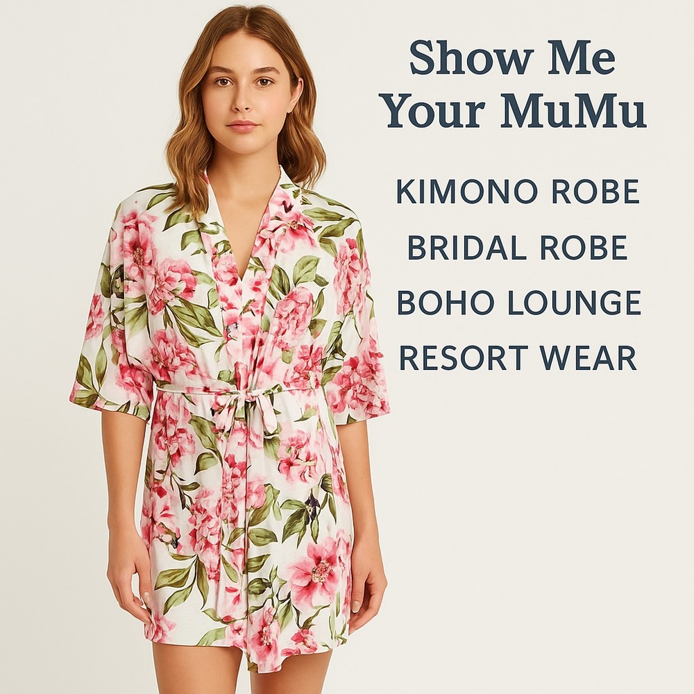 Show Me Your Mumu Kimono Robe OS Women's Stretch Floral Boho Bridal‎ Lounge Pink